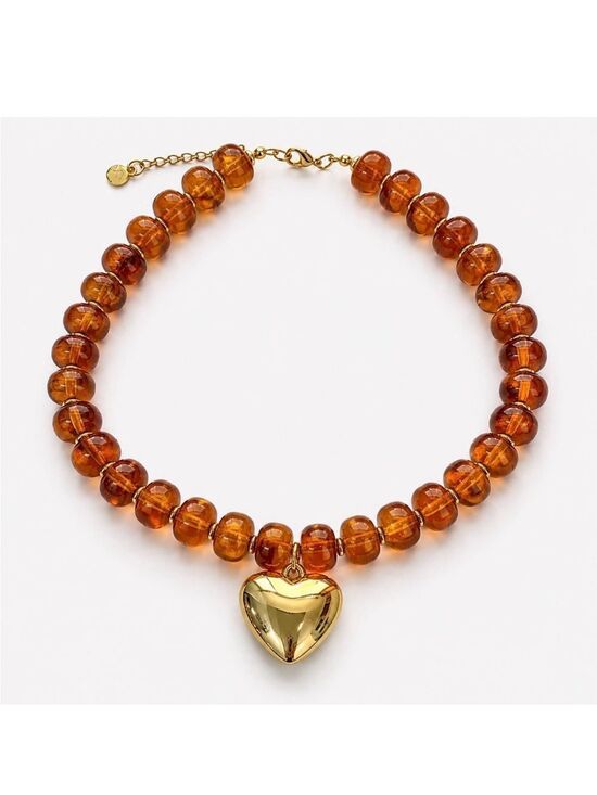 Mayamar Jewelry - Gold Heart Pendant Amber Resin Beaded Necklace